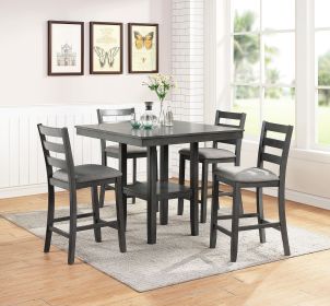 Classic Dining Room Furniture Gray Finish Counter Height 5pc Set Square Dining Table w Shelves Cushion Seat Ladder Back High Chairs Solid wood