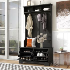 ON-TREND All in One Hall Tree with 3 Top Shelves and 2 Flip Shoe Storage Drawers, Wood Hallway Organizer with Storage Bench and Metal Hanging Hooks