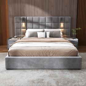 Upholstered Queen bed,with reading lamp and USB port, wide headboard,without bedside tables and mattress, velvet, grey