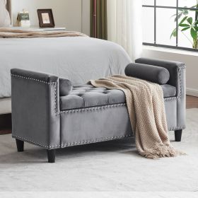 Storage Bench, 44.5-Inch Queen Velvet Button Bedside Bench, Entryway Living Room with Armrests, Nailhead Trim, Upholstered Bedroom Bench