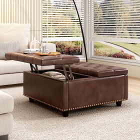 Large square storage stool with two storage doors, footstool for living room Mid-century modern coffee table with nailhead inlay, brown PU leather