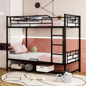 Twin Over Twin Metal Bunk Bed with Shelf and Guardrails, Black