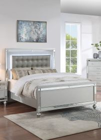 Beautiful Silver Tufted Faux Leather Queen Size Bed w LED Lights 1pc Panel Bedframe Bedroom