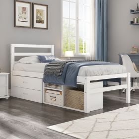 Twin Size Wood Platform Bed with Removable Storage Shelves, Built-in Two Storage Drawers for Added Convenience, White