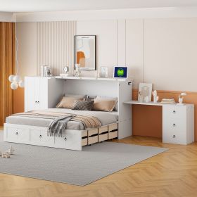 Queen Size Murphy Bed with USB Port, Large Drawer, and Wardrobe/Desk Combo – Versatile White Cabinet Bed