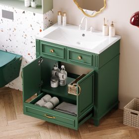 30'' Bathroom Vanity with Resin Sink, Solid Wood Frame Bathroom Storage Cabinet with Soft Closing Doors, Retro Style, Green