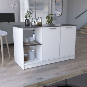 Juniper Kitchen Island with Large Top Surface, Double Door Cabinet, and Open Shelves White / Onyx