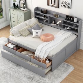 Full Size Wooden Captain Bed with Built-in Bookshelves,Three Storage Drawers and Trundle,Light Grey(Old SKU:GX001029AAE)