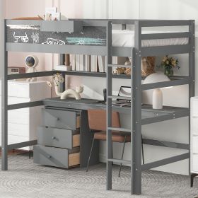 Wood Twin Size Loft Bed with Desk, Blackboard, Storage Box, Shelf and 3 Drawers, Gray