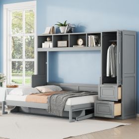 Full Size Murphy Bed Wall Bed with Closet and Drawers,Gray