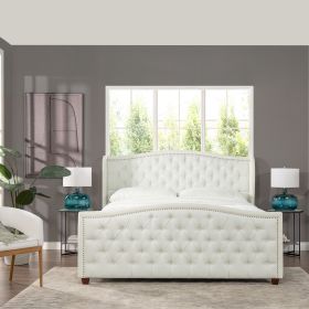 Marcella Upholstered Shelter Headboard Bed Set, King, Antique White Polyester