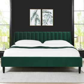 Aspen Vertical Tufted Modern Headboard Platform Bed Set, King, Evergreen Velvet