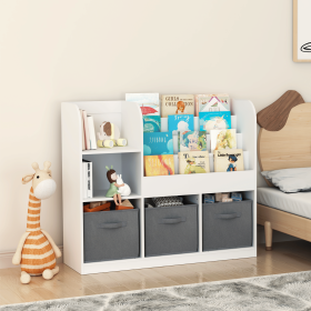 Kids Bookcase and Bookshelf, Multifunctional Bookcase with 3 Collapsible Fabric Drawers, Bookcase Display Stand, Toy Storage Organizer for Bedroom