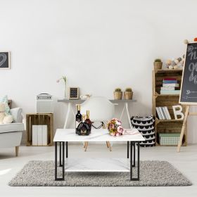 Coffee Table, 2 Layers 1.5cm Thick Marble MDF Rectangle 39.37" L Tabletop Iron Coffee Table , Dining Room, Coffee Shop, Resterant, White Top