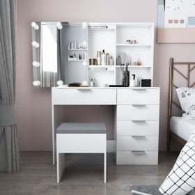 [Same model: 19426681]Particleboard Triamine Veneer 6 Pumps 2 Shelves Mirror Cabinet 3 Tone Light Bulbs Dressing Table Set White