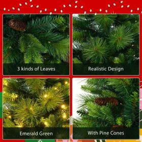 6FT Grass Green Christmas Tree, Large Branches Pine Tree, Pre-Lit Set with Tree & Garland & Wreath, Artificial Christmas with Pine Cones