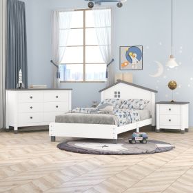 3-Pieces Bedroom Sets Twin Size Platform Bed with Nightstand and Storage dresser,White+Gray