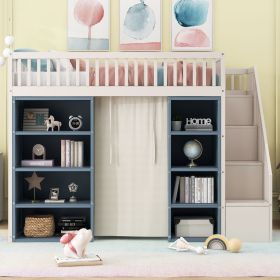 Full Size Loft Bed with 2 Four-layer Storage Cabinets and Curtain