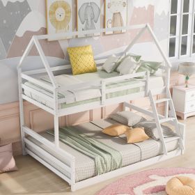 Twin over Full House Bunk Bed with Built-in Ladder,Gray (Color: White)