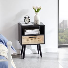 15.75" Rattan End table with drawer and solid wood legs, Modern nightstand, side table for living room, bedroom (Color: Black)