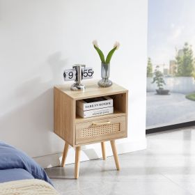 15.75" Rattan End table with drawer and solid wood legs, Modern nightstand, side table for living room, bedroom (Color: Natural)