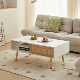 41.34" Rattan Coffee table, sliding door for storage, solid wood legs, Modern table for living room (Color: White)