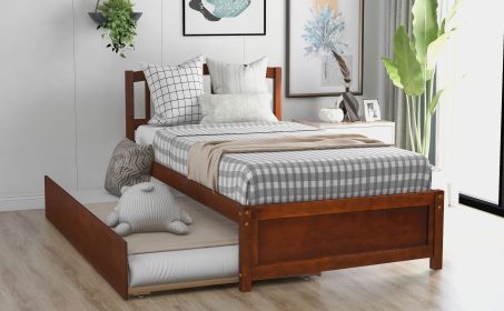 Twin size Platform Bed Wood Bed Frame with Trundle (Color: Walnut)