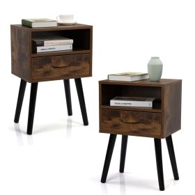 Set of 2 Mid Century Nightstand, Side Table with Drawer and Shelf, End Table for Living Room Bedroom, Rustic Brown (Color: Retro Grain + Back)