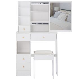 Small Size Left Drawer Desktop Vanity Table + Cushioned Stool, Extra Large Sliding Mirror, Multi Layer, High Capacity Storage Fashionable Dresser (Color: as Pic)