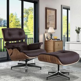 Living Room Standard Size Lounge Chair Armchair With Ottoman Genuine Leather Swivel Chair (Color: brown leather walnut frame)